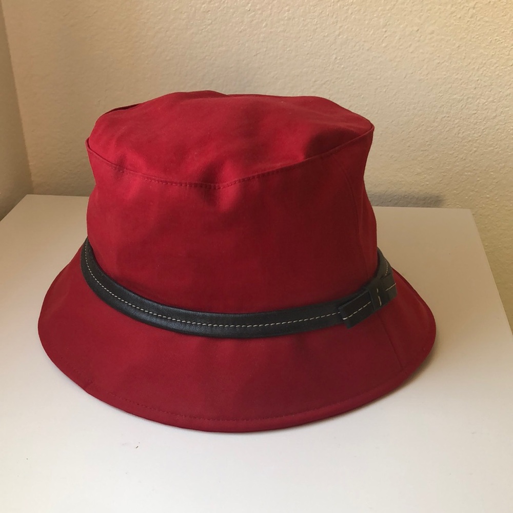 Coach Red Bucket Hat with leather trim